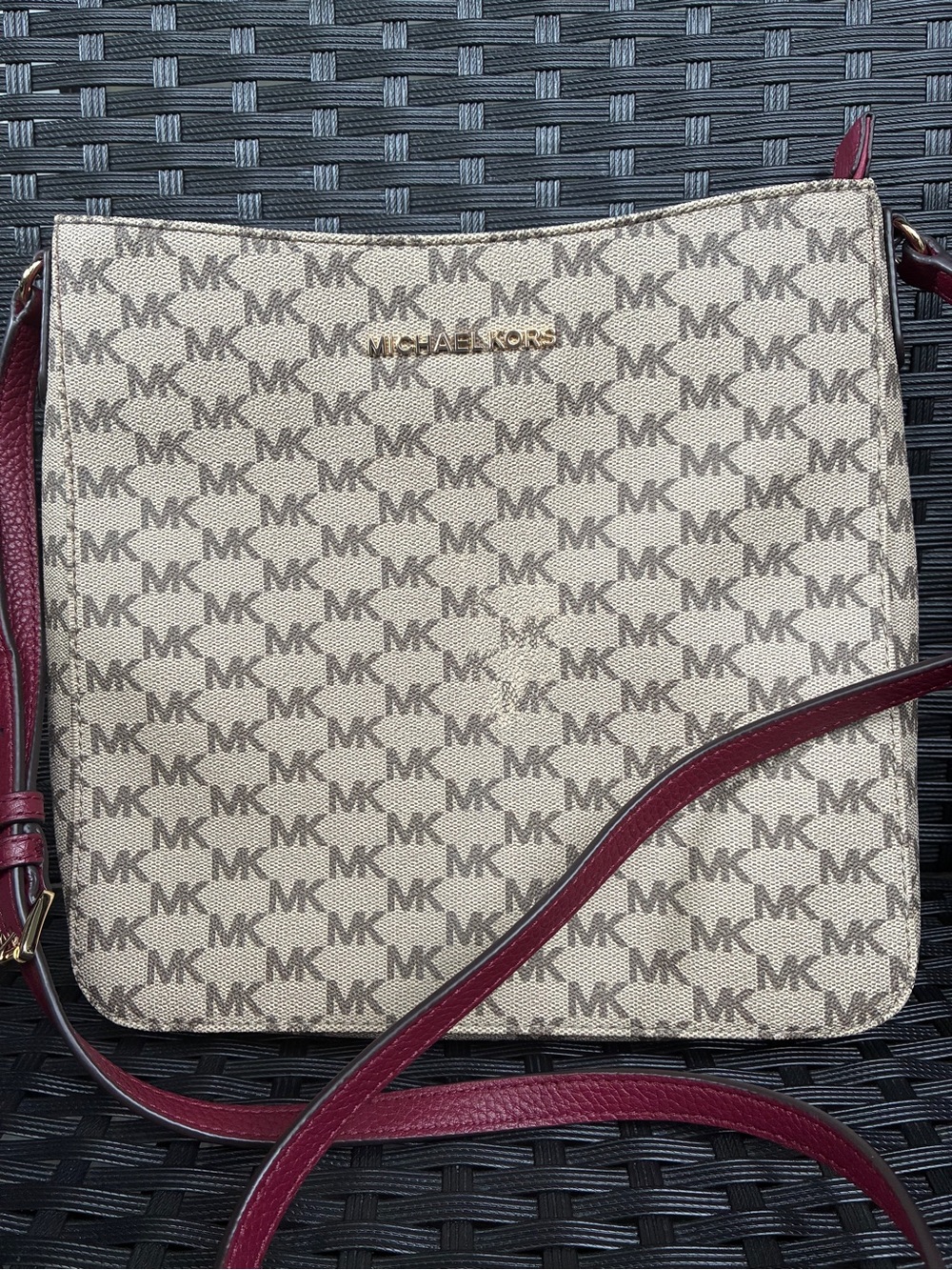 Michael Kors Beige MK Logo Crossbody with Burgundy Strap